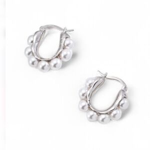 Mini Pearl Hoop Earrings (Silver Tone)